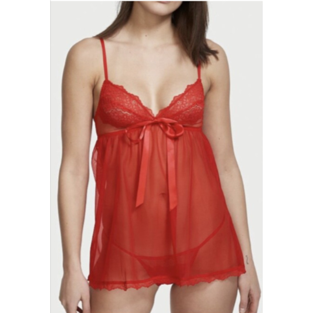 VICTORIA'S SECRET VERY SEXY Sheer Mesh Lace Babydoll Satin Bow Red Nightie L